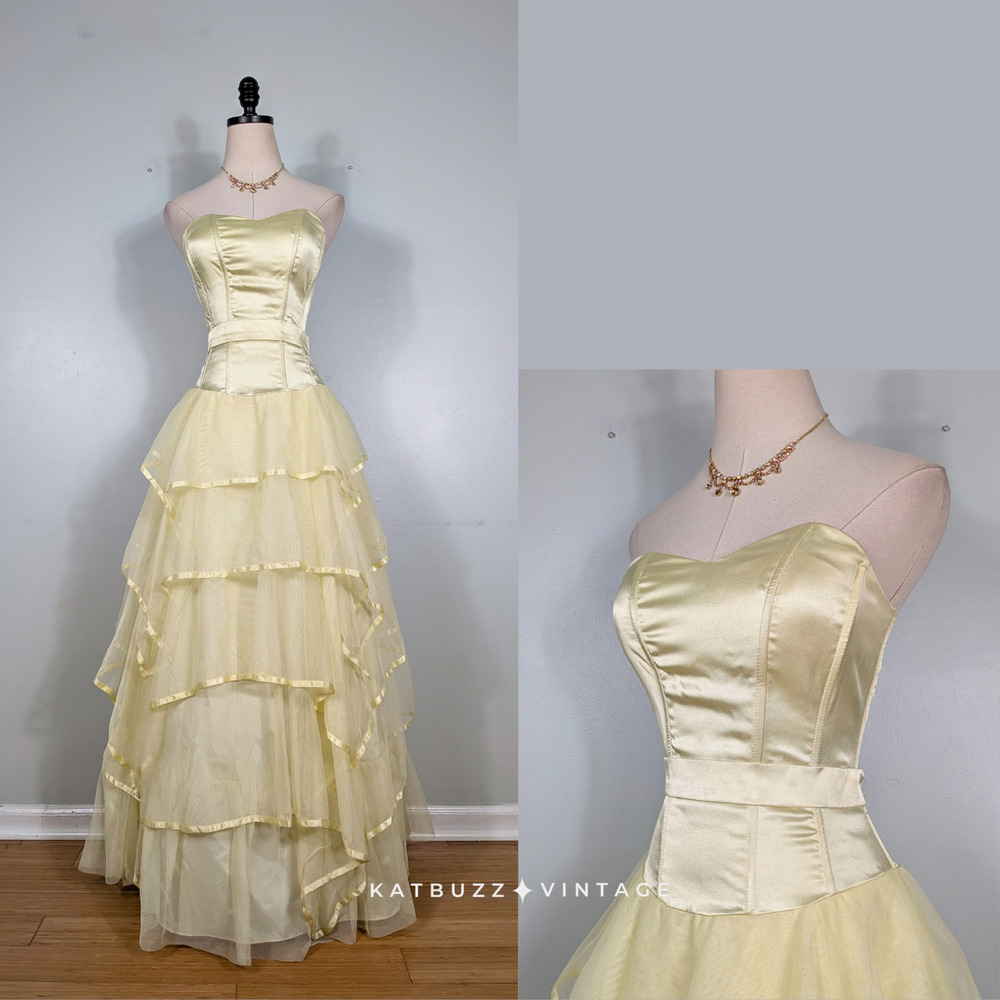Vintage Prom Dress Maxi Gown 10 Yellow Y2K Ruffle Ballerina Princess Fairy Layer